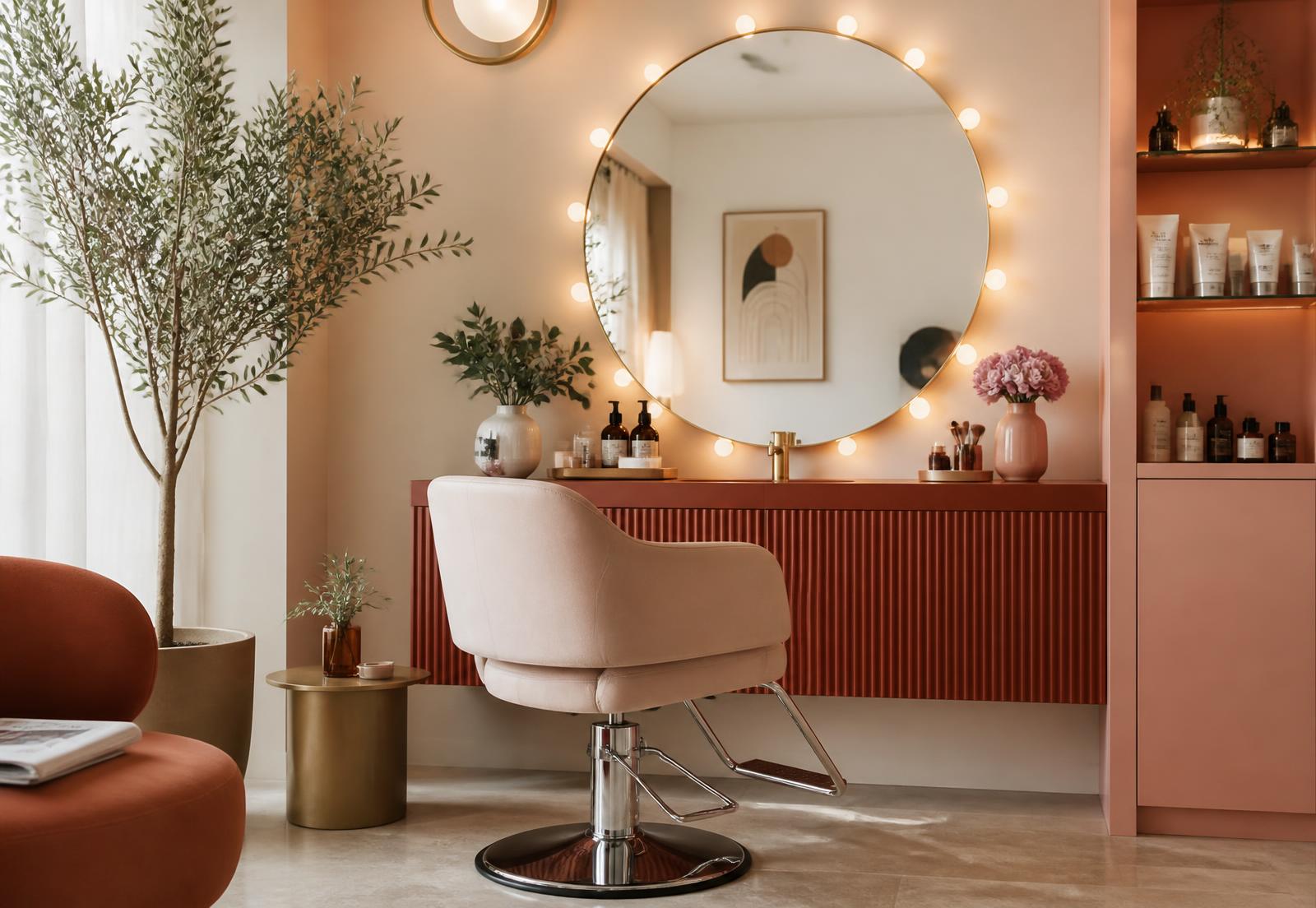 Styled private salon suite with pink styling chair, round lit mirror and terracotta cabinetry in Buckhead, Atlanta