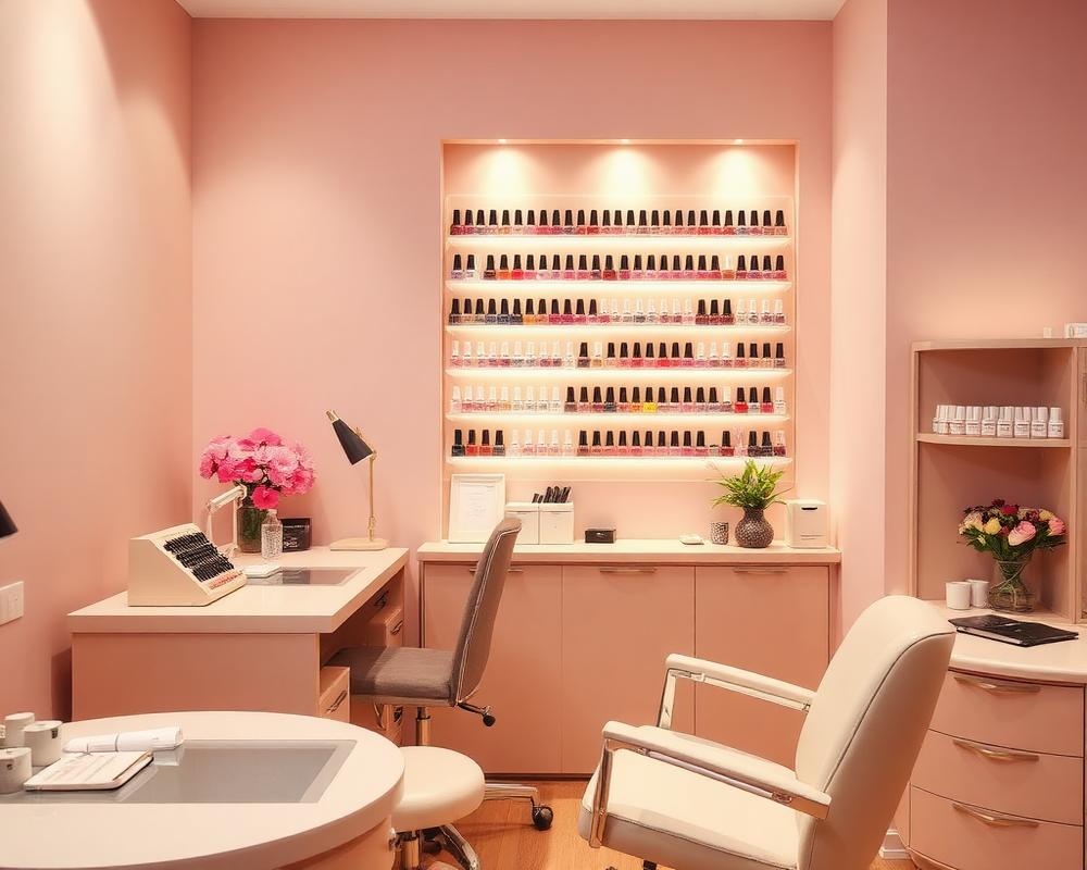Private nail technician suite with manicure station and polish display wall
